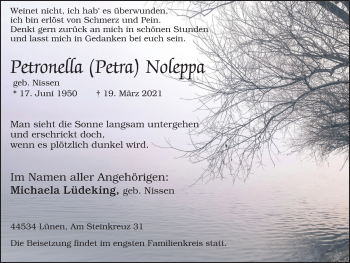 Traueranzeige von Petronella Noleppa von WVW Anzeigenblätter