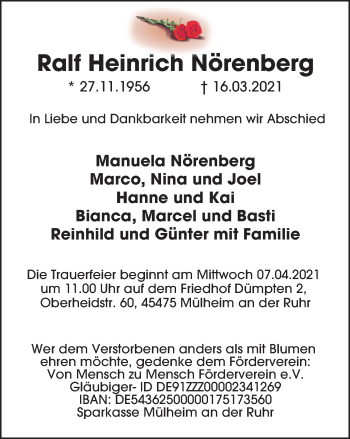 Traueranzeige von Ralf Heinrich Nörenberg von WVW Anzeigenblätter