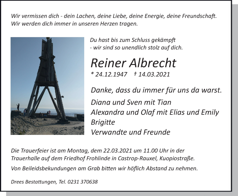  Traueranzeige für Reiner Albrecht vom 20.03.2021 aus WVW Anzeigenblätter