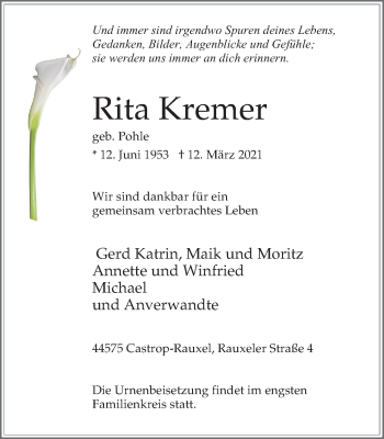 Traueranzeige von Rita Kremer von WVW Anzeigenblätter
