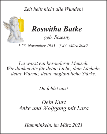 Traueranzeige von Roswitha Batke von WVW Anzeigenblätter