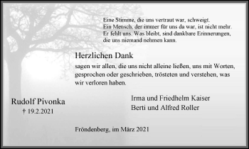 Traueranzeige von Rudolf Pivonka von WVW Anzeigenblätter
