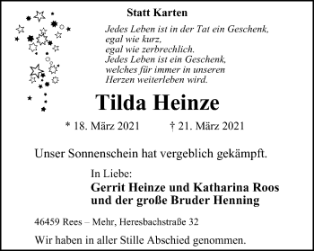 Traueranzeige von Tilda Heinze von WVW Anzeigenblätter