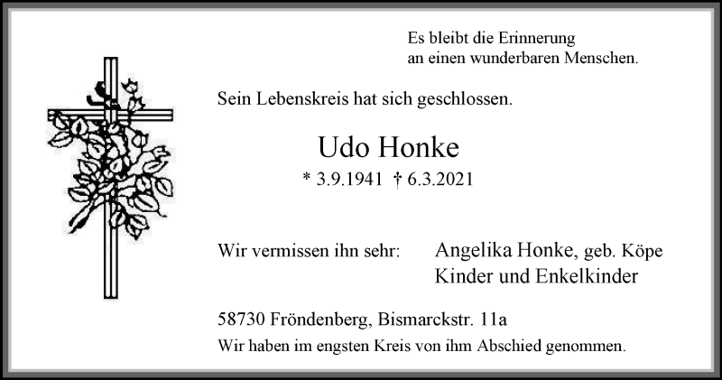  Traueranzeige für Udo Honke vom 20.03.2021 aus WVW Anzeigenblätter