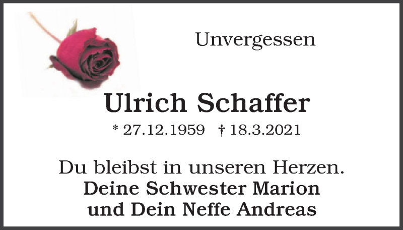  Traueranzeige für Ulrich Schaffer vom 27.03.2021 aus WVW Anzeigenblätter