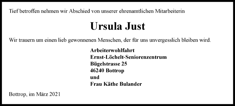  Traueranzeige für Ursula Just vom 20.03.2021 aus WVW Anzeigenblätter
