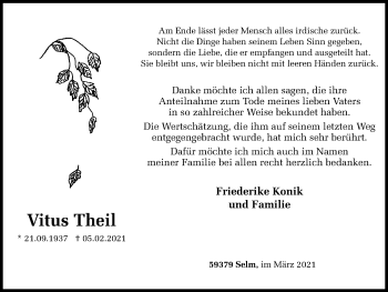 Traueranzeige von Vitus Theil von WVW Anzeigenblätter
