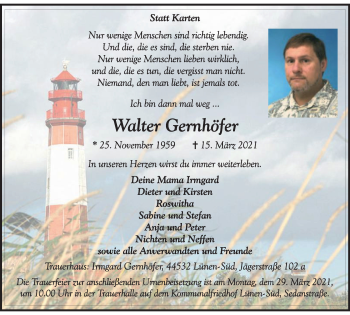 Traueranzeige von Walter Gernhöfer von WVW Anzeigenblätter