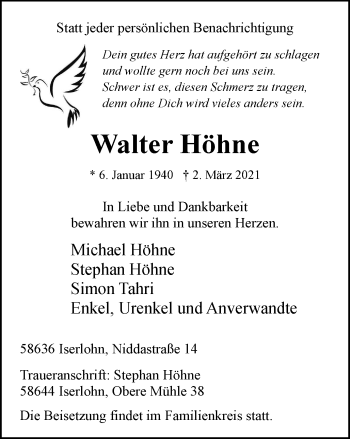 Traueranzeige von Walter Höhne von WVW Anzeigenblätter