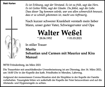 Traueranzeige von Walter Weßel von WVW Anzeigenblätter