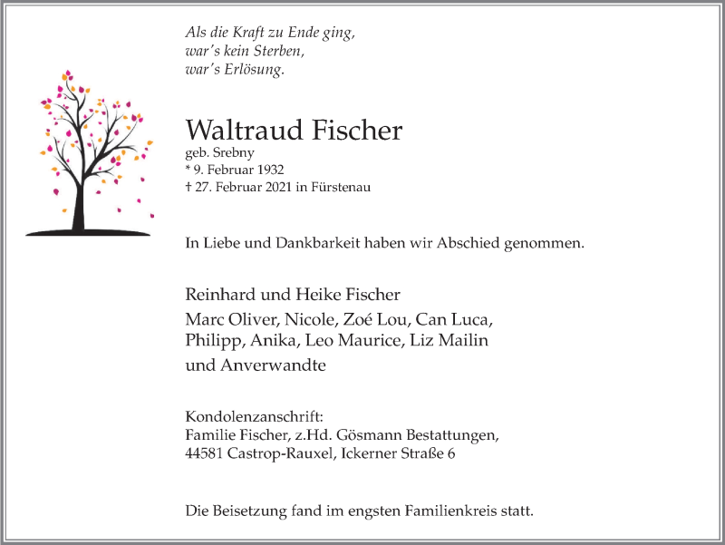 Traueranzeige für Waltraud Fischer vom 24.03.2021 aus WVW Anzeigenblätter