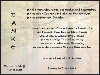 Traueranzeige von Werner Feldhoff von WVW Anzeigenblätter