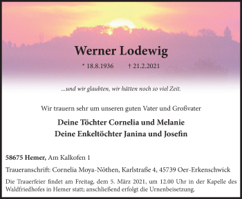 Traueranzeige von Werner Lodewig von WVW Anzeigenblätter