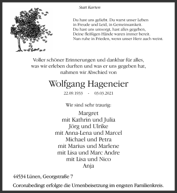 Traueranzeige von Wolfgang Hageneier von WVW Anzeigenblätter