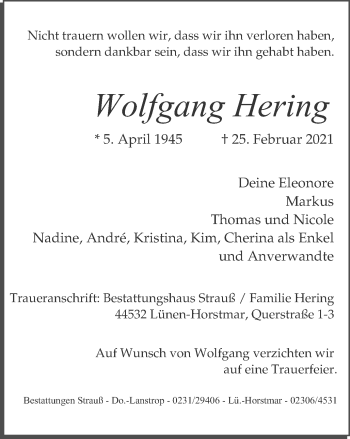 Traueranzeige von Wolfgang Hering von WVW Anzeigenblätter