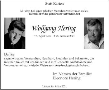 Traueranzeige von Wolfgang Hering von WVW Anzeigenblätter