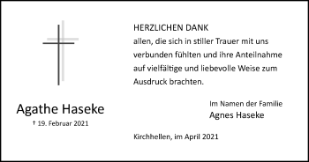Traueranzeige von Agathe Haseke von WVW Anzeigenblätter