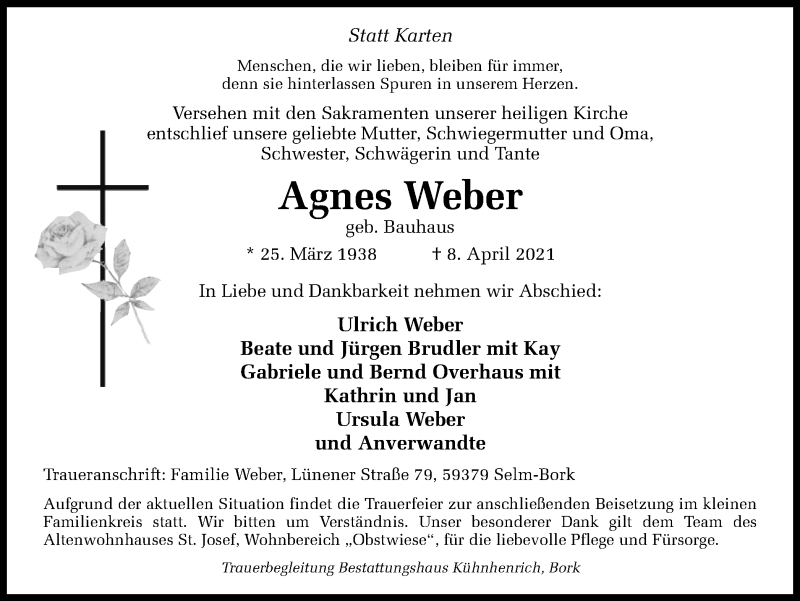  Traueranzeige für Agnes Weber vom 14.04.2021 aus WVW Anzeigenblätter