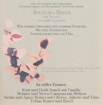 Traueranzeige von Angelika Breer von WVW Anzeigenblätter