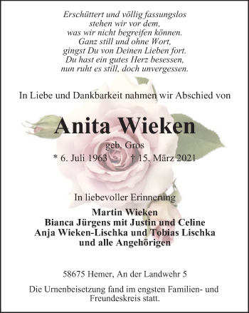 Traueranzeige von Anita Wieken von WVW Anzeigenblätter
