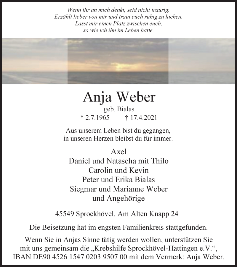  Traueranzeige für Anja Weber vom 29.04.2021 aus WVW Anzeigenblätter