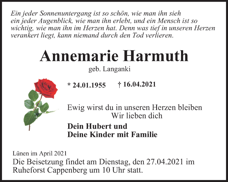  Traueranzeige für Annemarie Harmuth vom 21.04.2021 aus WVW Anzeigenblätter