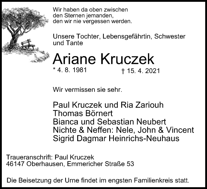  Traueranzeige für Ariane Kruczek vom 21.04.2021 aus WVW Anzeigenblätter