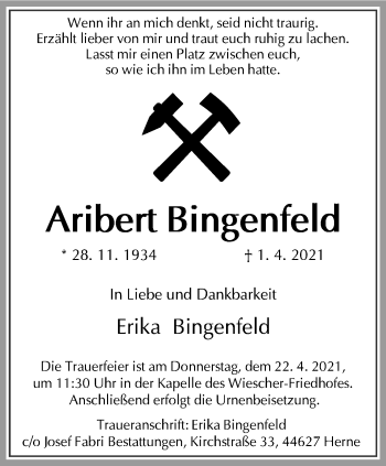 Traueranzeige von Aribert Bingenfeld von WVW Anzeigenblätter