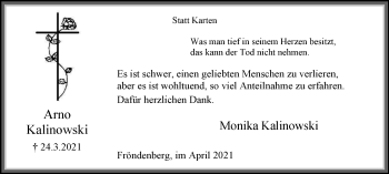 Traueranzeige von Arno Kalinowski von WVW Anzeigenblätter