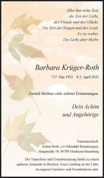 Traueranzeige von Barbara Krüger-Roth von WVW Anzeigenblätter