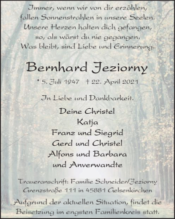 Traueranzeige von Bernhard Jeziorny von WVW Anzeigenblätter