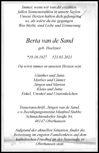 Traueranzeige von Berta van de Sand von WVW Anzeigenblätter