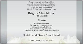Traueranzeige von Brigitte Maschlinski von WVW Anzeigenblätter
