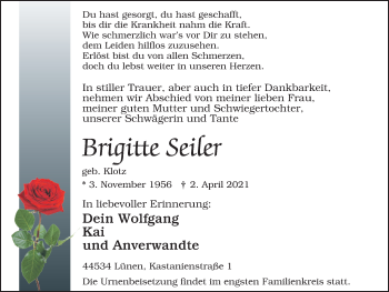 Traueranzeige von Brigitte Seiler von WVW Anzeigenblätter