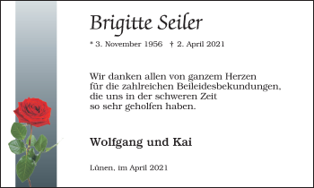 Traueranzeige von Brigitte Seiler von WVW Anzeigenblätter