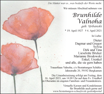 Traueranzeige von Brunhilde Valnoha von WVW Anzeigenblätter