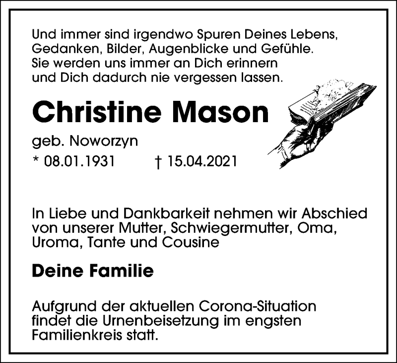 Traueranzeigen von Christine Mason TrauerinNRW.de
