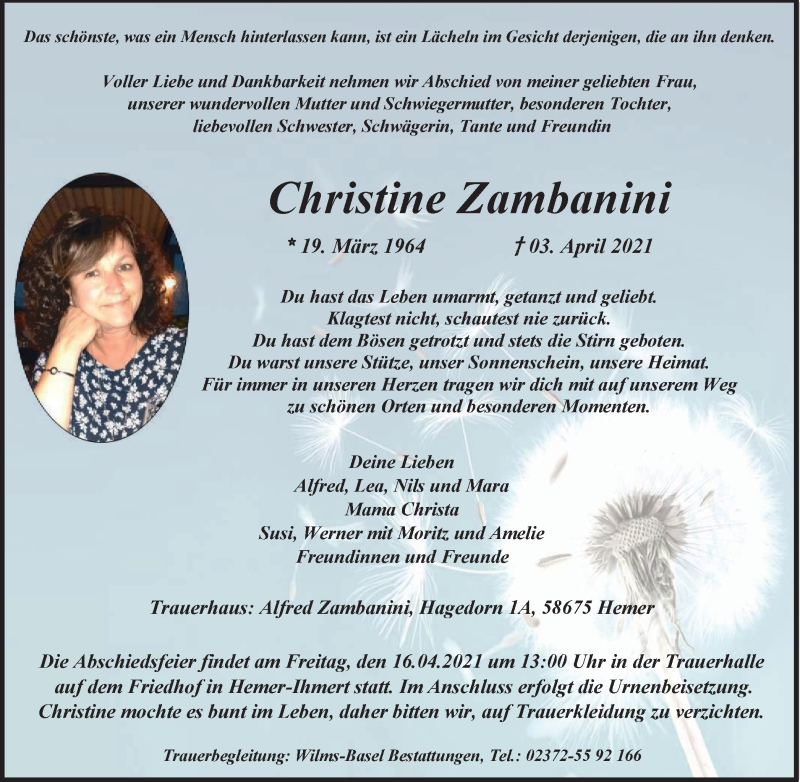  Traueranzeige für Christine Zambanini vom 10.04.2021 aus WVW Anzeigenblätter