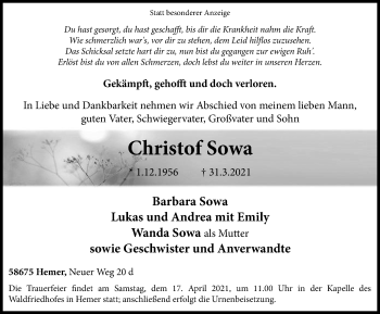 Traueranzeige von Christof Sowa von WVW Anzeigenblätter