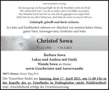 Traueranzeige von Christof Sowa von WVW Anzeigenblätter