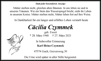 Traueranzeige von Cäcilia Czymmek von WVW Anzeigenblätter