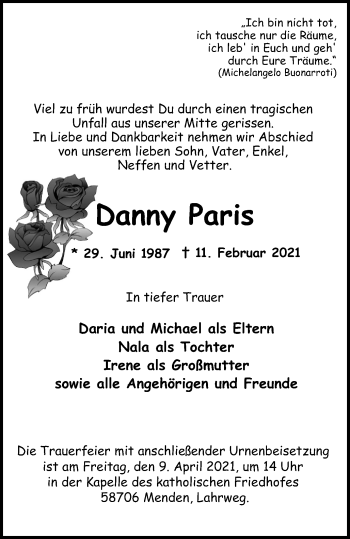 Traueranzeige von Danny Paris von WVW Anzeigenblätter