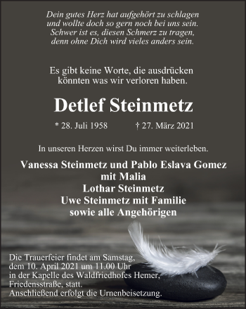 Traueranzeige von Detlef Steinmetz von WVW Anzeigenblätter