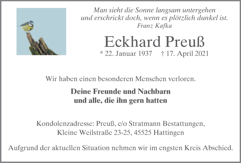 Traueranzeige für Eckhard Preuß vom 24.04.2021 aus WVW Anzeigenblätter