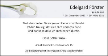 Traueranzeige von Edelgard Förster von WVW Anzeigenblätter
