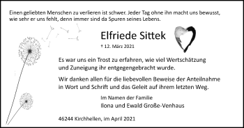 Traueranzeige von Elfriede Sittek von WVW Anzeigenblätter