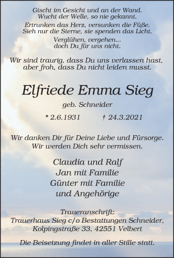 Traueranzeige von Elfriede Emma Sieg von WVW Anzeigenblätter