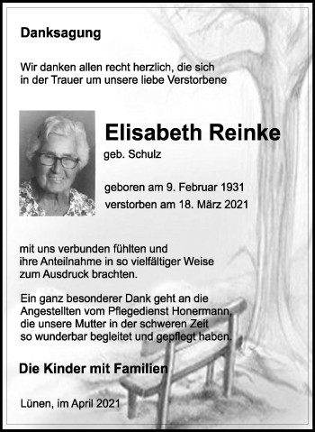 Traueranzeige von Elisabeth Reinke von WVW Anzeigenblätter