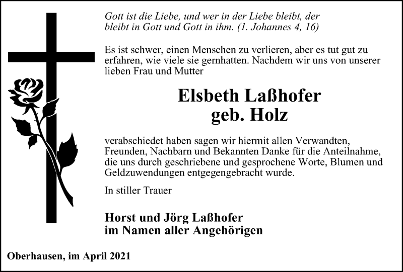  Traueranzeige für Elsbeth Laßhofer vom 17.04.2021 aus WVW Anzeigenblätter