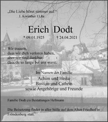Traueranzeige von Erich Dodt von WVW Anzeigenblätter